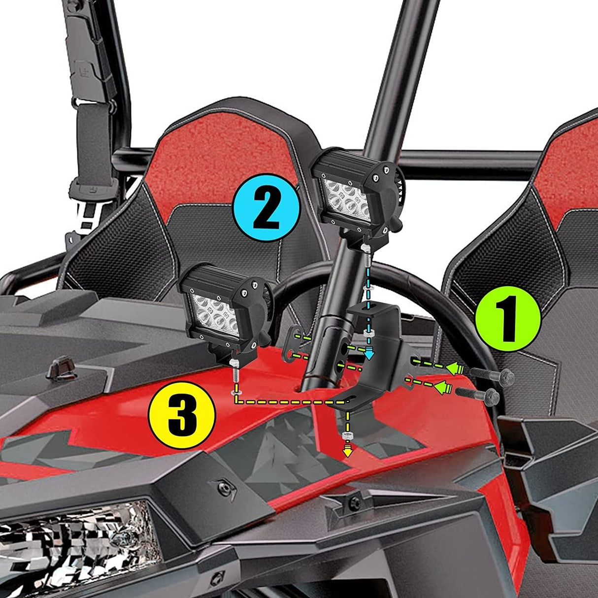 4 inch LED Pod Lights&Double-layer Pillar Mounting Bracket for 14-21 Polaris RZR XP 1000, 15-19 Polaris RZR 900