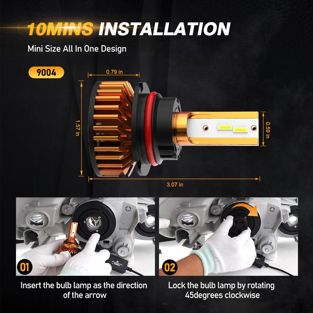 9004 LED Headlight Bulbs 52W 10000LM F2 Series Mini Size 6500K Cool White | 2 Bulbs