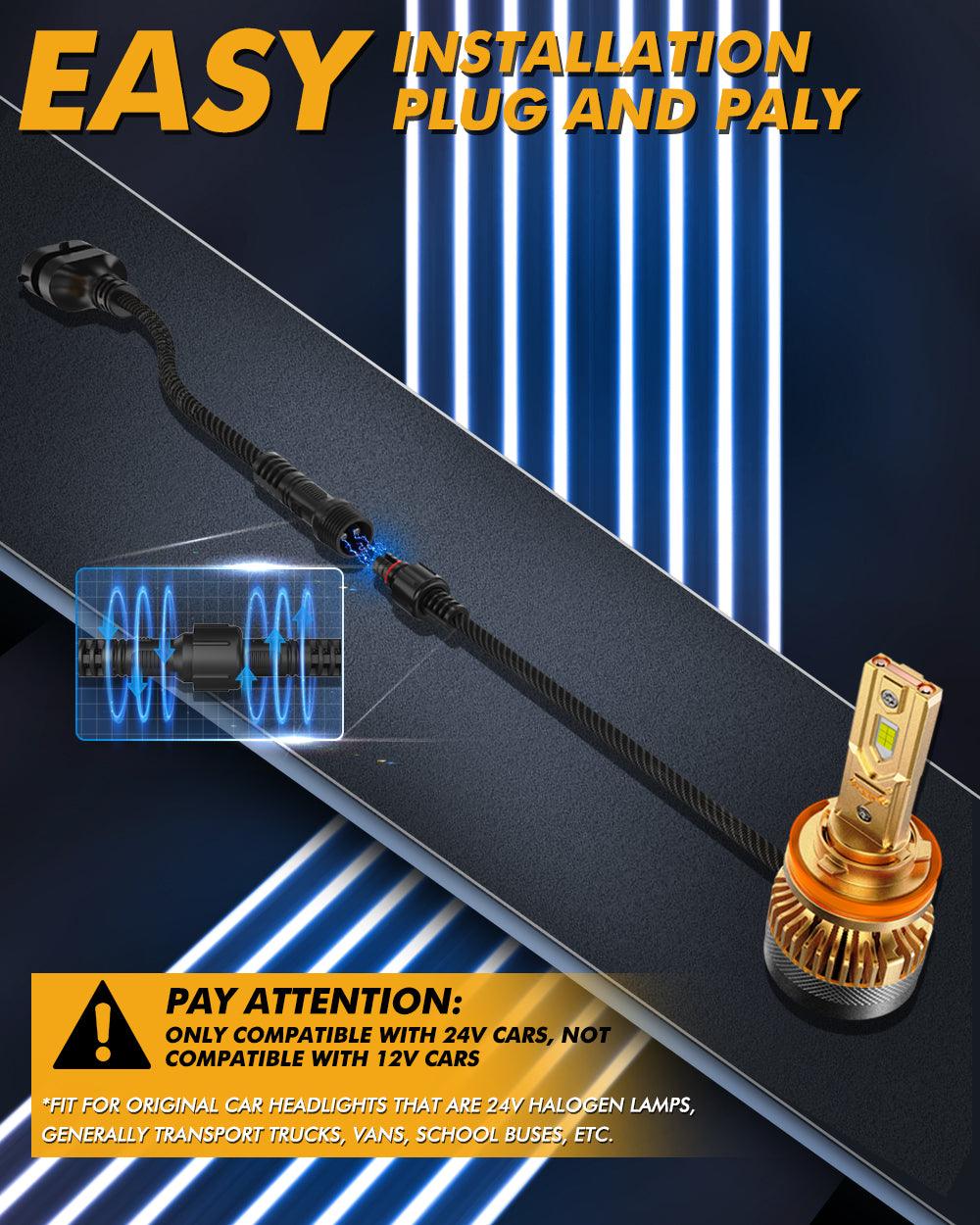 🆕H11+H11 LED Headlight Bulbs S3 Pro Series High Power 24V 120W 24000LM 6500K Cool White | 4 Bulbs