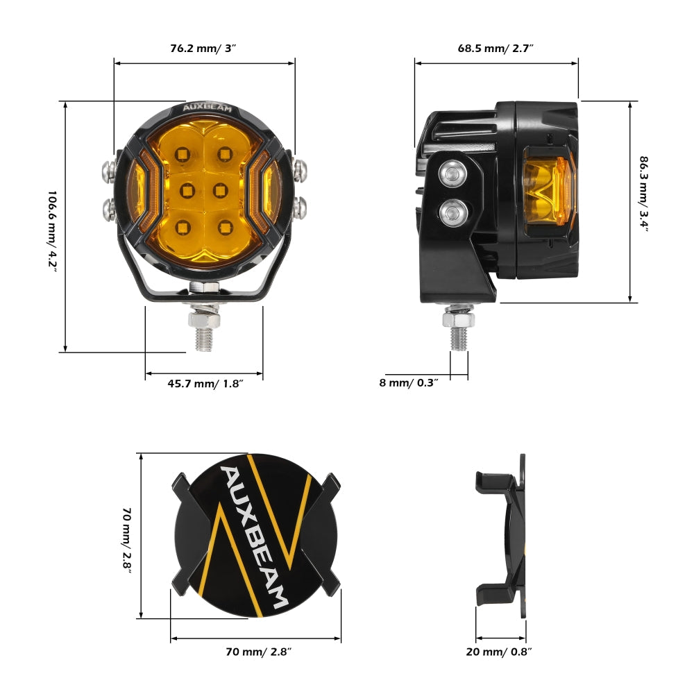 V-ULTRA Series | 3 Inch 108W LED Side Shooter Amber Pod Lights with Amber DRL