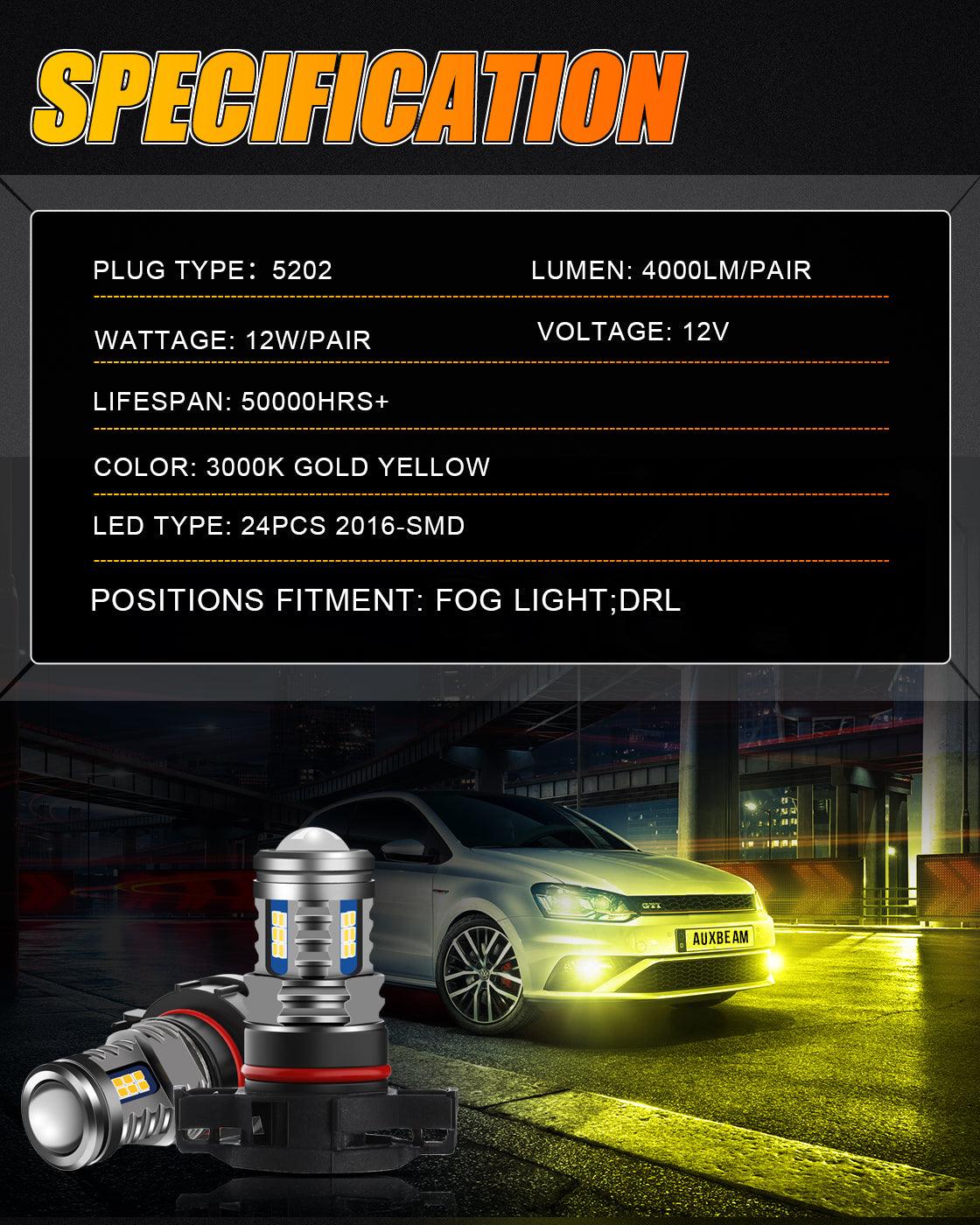 (2pcs/set) 5202/5201/PS24W/H16EU Y2 Series 3-Sides Cool White/Golden Yellow LED Fog Light/DRL
