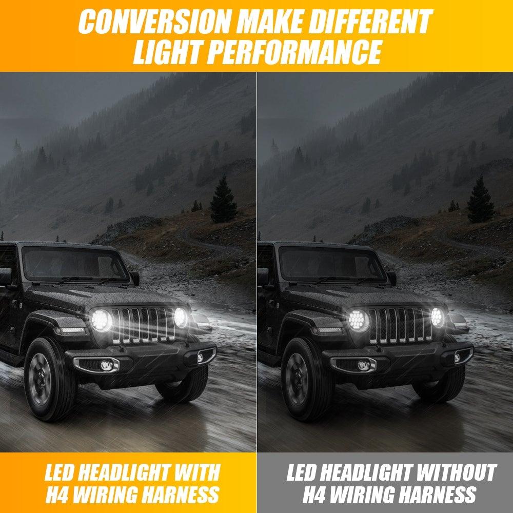 7 Inch LED Headlight Replacement with Halo Ring+ H4 LED Headlight Brightness Intensifier Wiring Harness for Jeep Wrangler JK TJ LJ