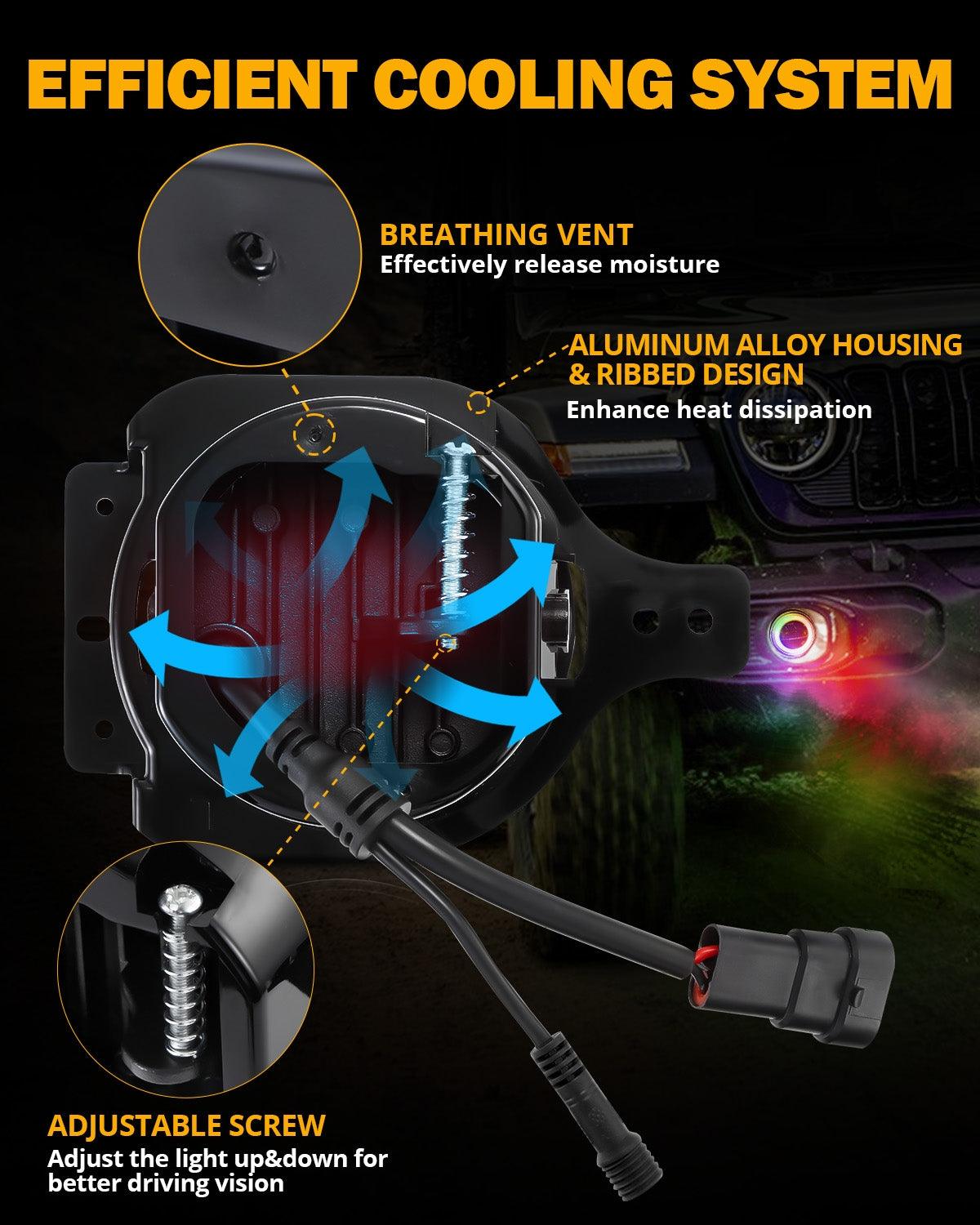 Upgraded 4 Inch LED Fog Lights with RGB Halo Ring & Turn Signal Light, Bluetooth Control for Jeep Wrangler JK/JL 2018-2024