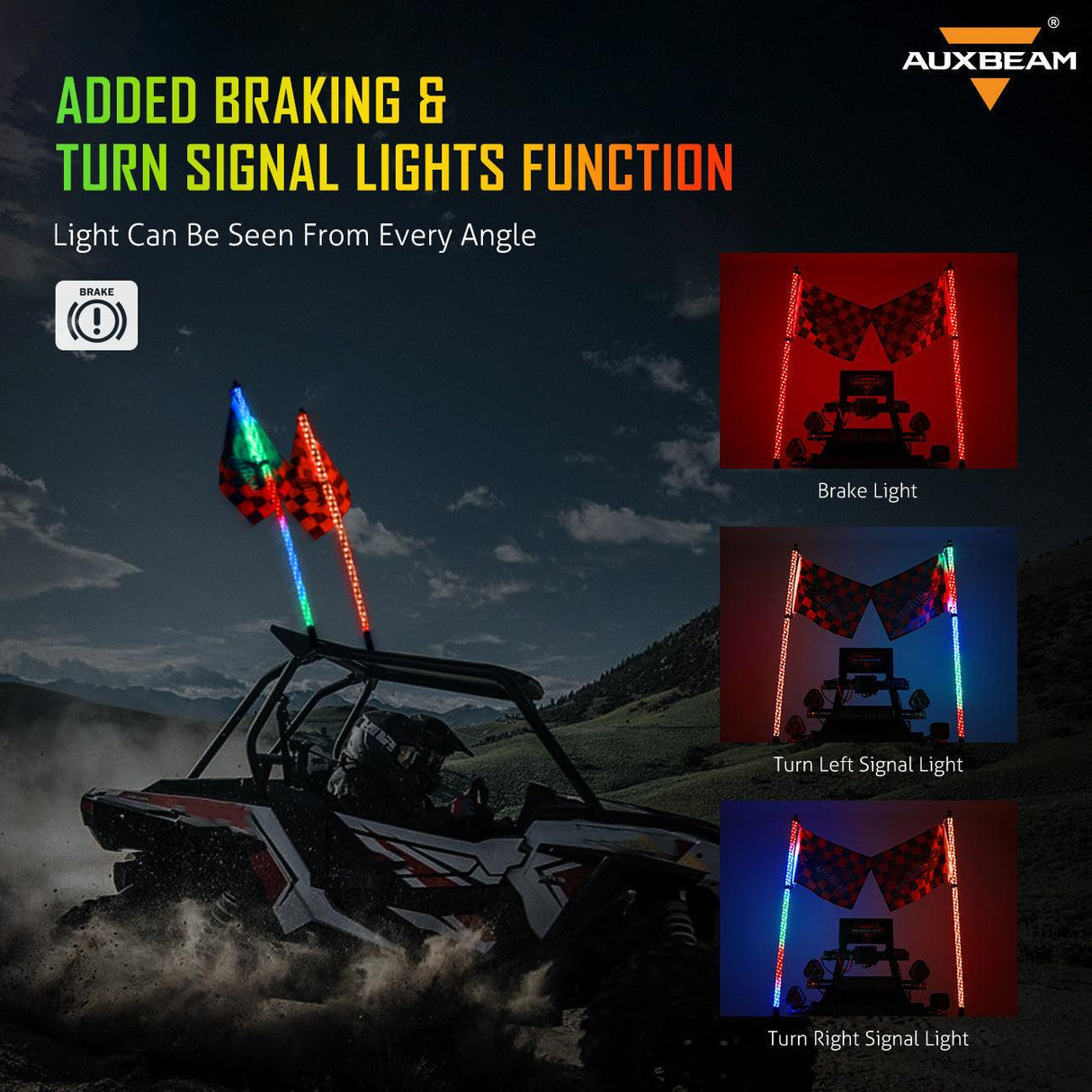 3FT/4FT LED RGB Whip Lights with Bluetooth/ Remote Controlled & Black Universal Flagpole Light Mount for all UTVs with 1.75" to 2" Roll Cage