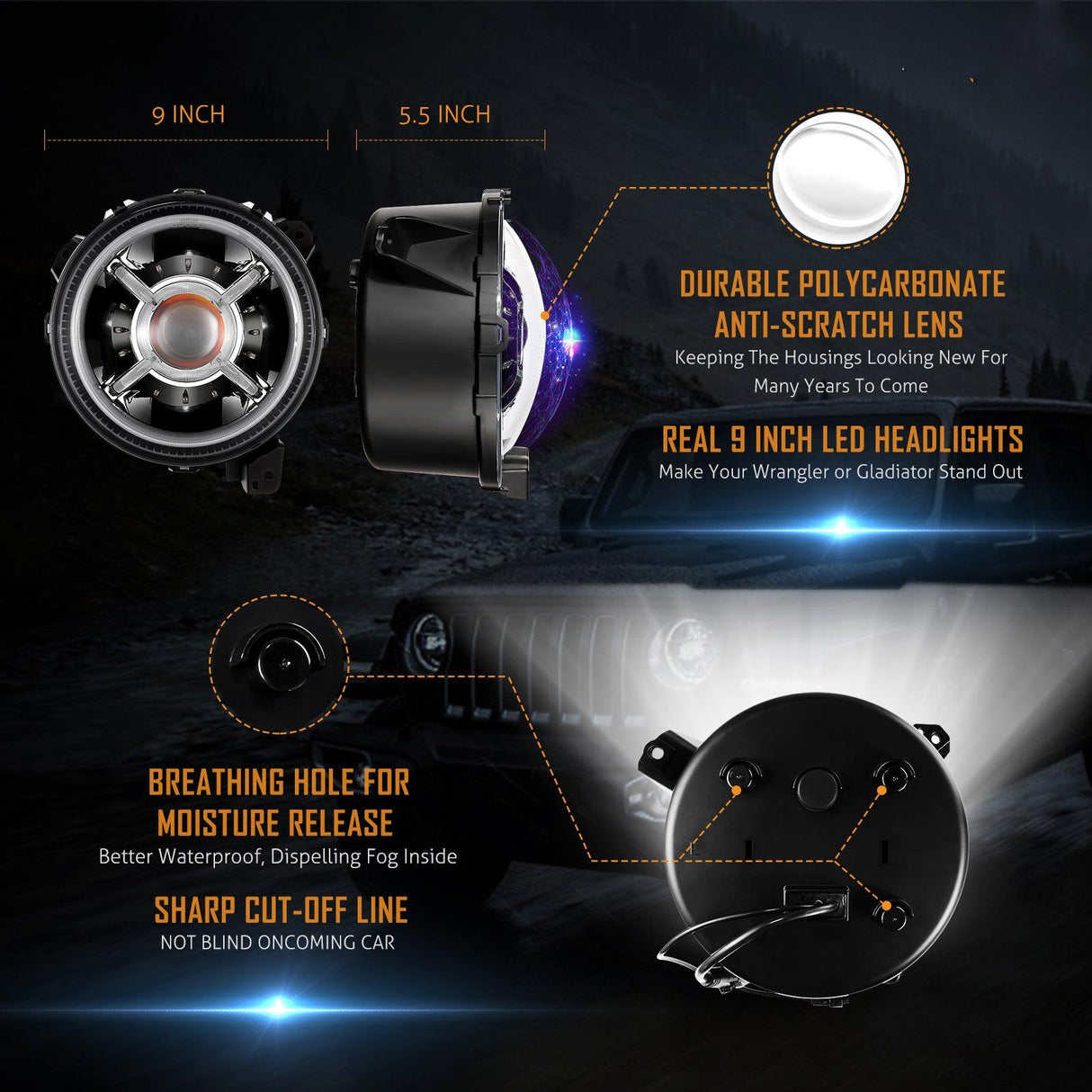 (2pcs/set) 9 Inch RGB Headlights Replacement Bluetooth Control for Jeep Wrangler JL JLU Sport Rubicon Sahara Gladiator JT 2019 2020 w/ DRL