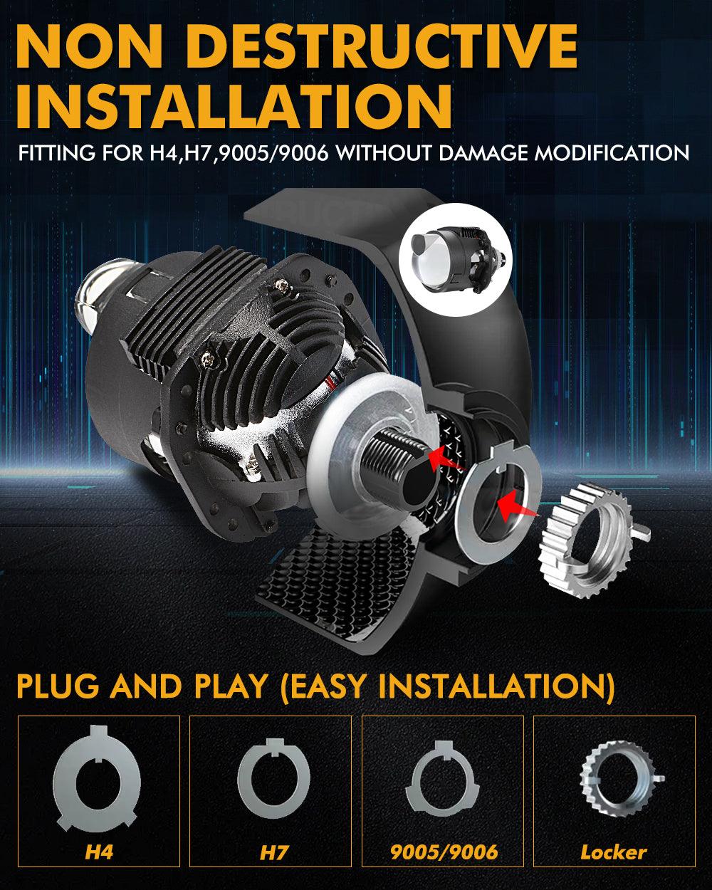 2.5 Inch 90W 70W Hi/Lo Beam Bi-LED Laser Projector Lens Headlight Non-Destructive Installation Projector Lens for Car | 2PCS/Set