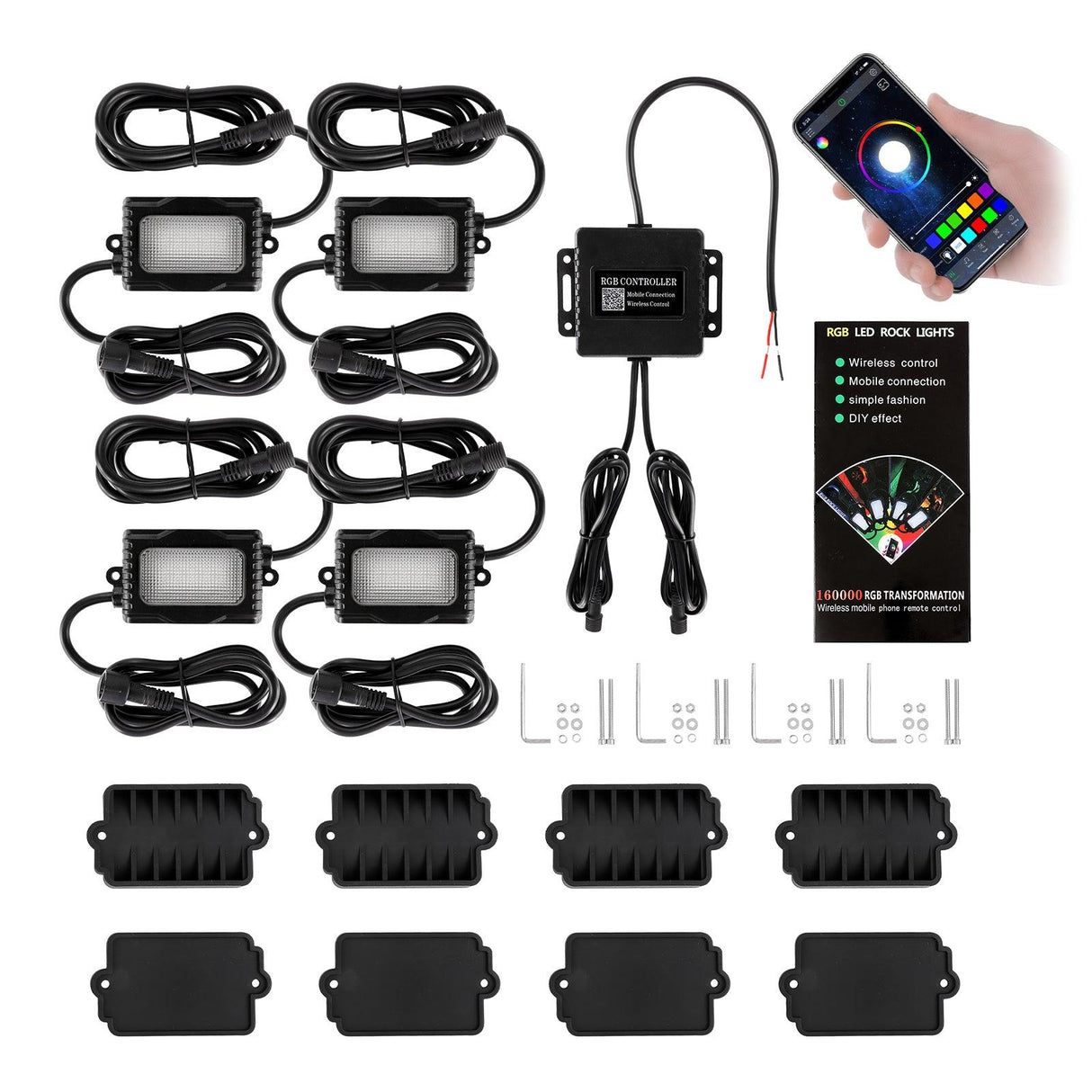 8Pcs RGB LED Rock Light Multicolor Set with Bluetooth Controller