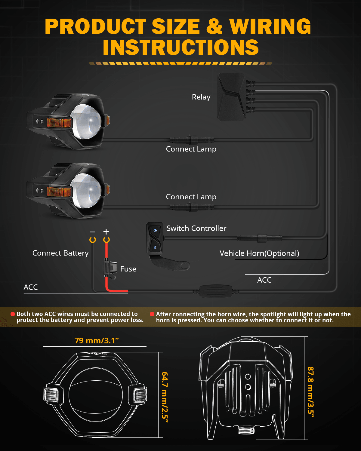 π3 Inch Motorcycle LED Spotlight Bi-LED Projector Lens Headlight 120W Dual Color Switchback LED Work Light 3+5 Light Modes for Motorcycle SUV ATV Trucks | 2PCS/Set