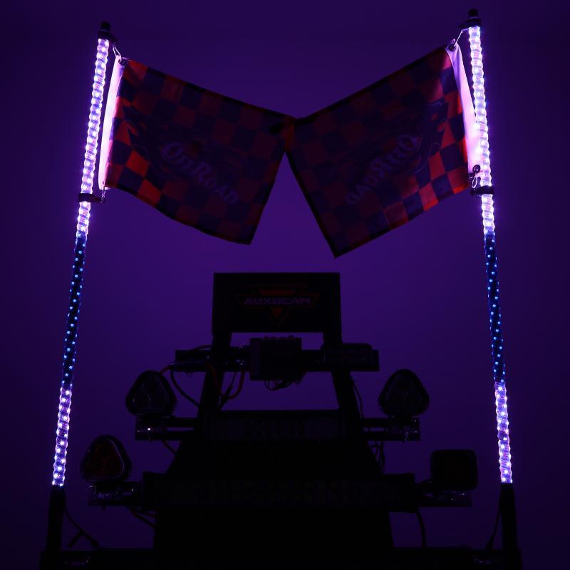 3FT/4FT LED RGB Whip Lights with Bluetooth/ Remote Controlled & Black Universal Flagpole Light Mount for all UTVs with 1.75" to 2" Roll Cage
