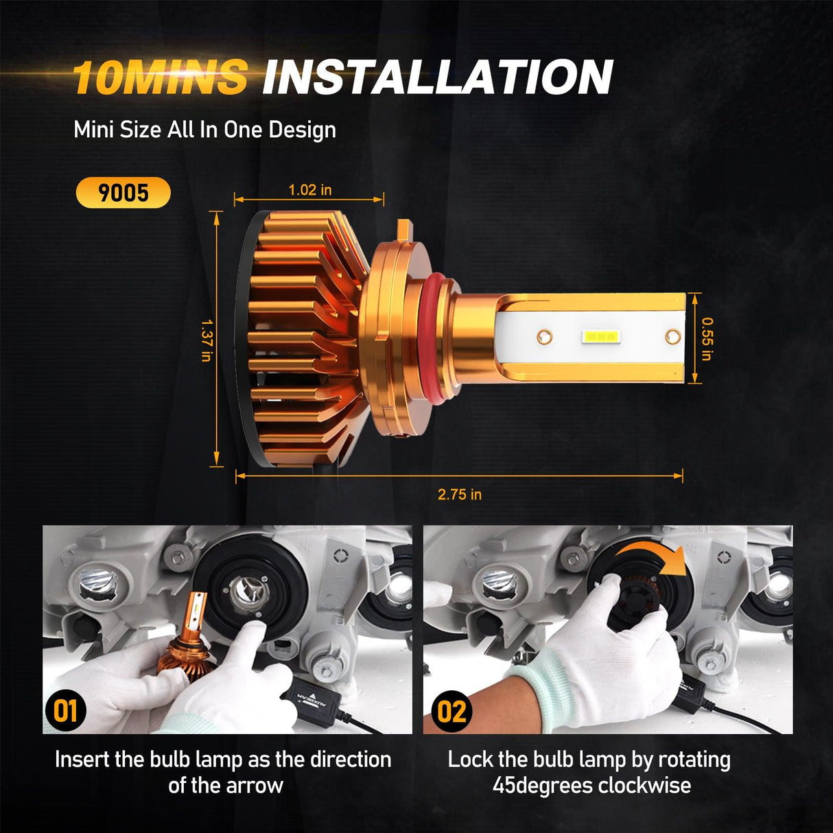 9005 LED Headlight Bulbs 52W 10000LM F2 Series Mini Size 6500K Cool White | 2 Bulbs