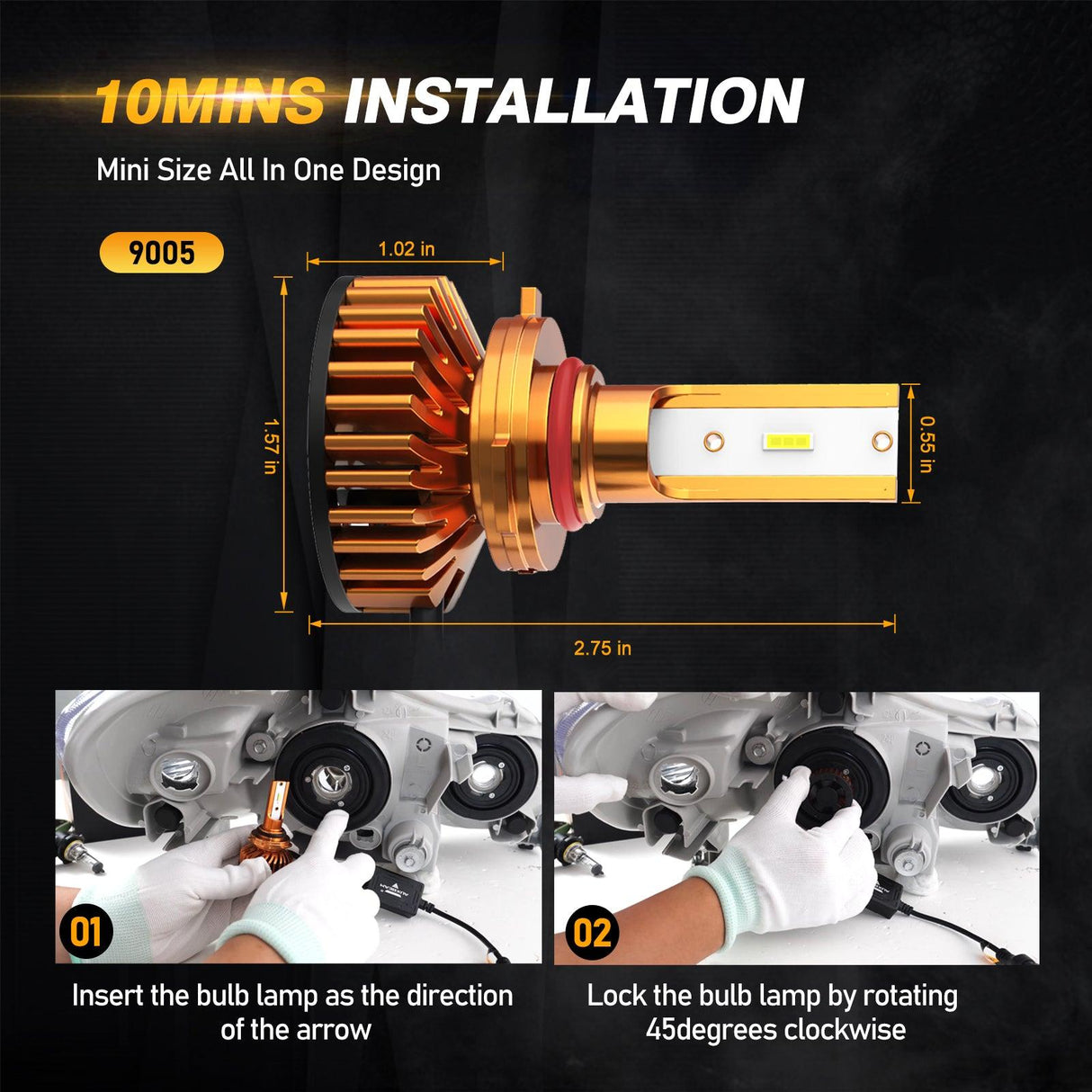 9005 LED Headlight Bulbs 52W 10000LM F2 Series Mini Size 6500K Cool White | 2 Bulbs