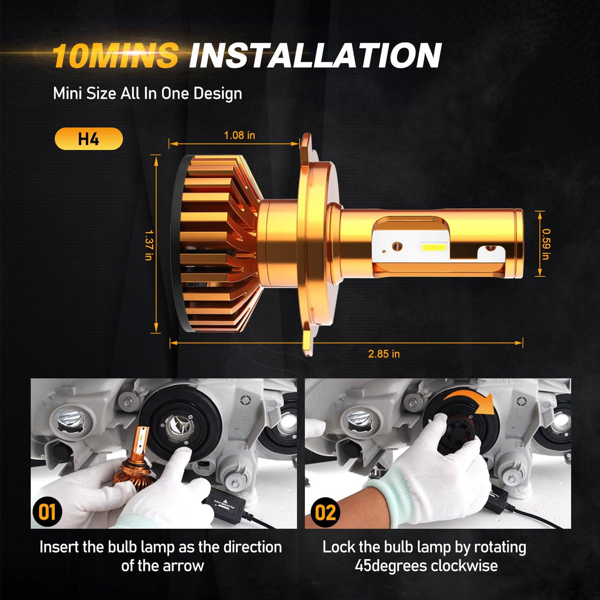 H4/9003 LED Headlight Bulbs 52W 10000LM F2 Series Mini Size 6500K Cool White | 2 Bulbs