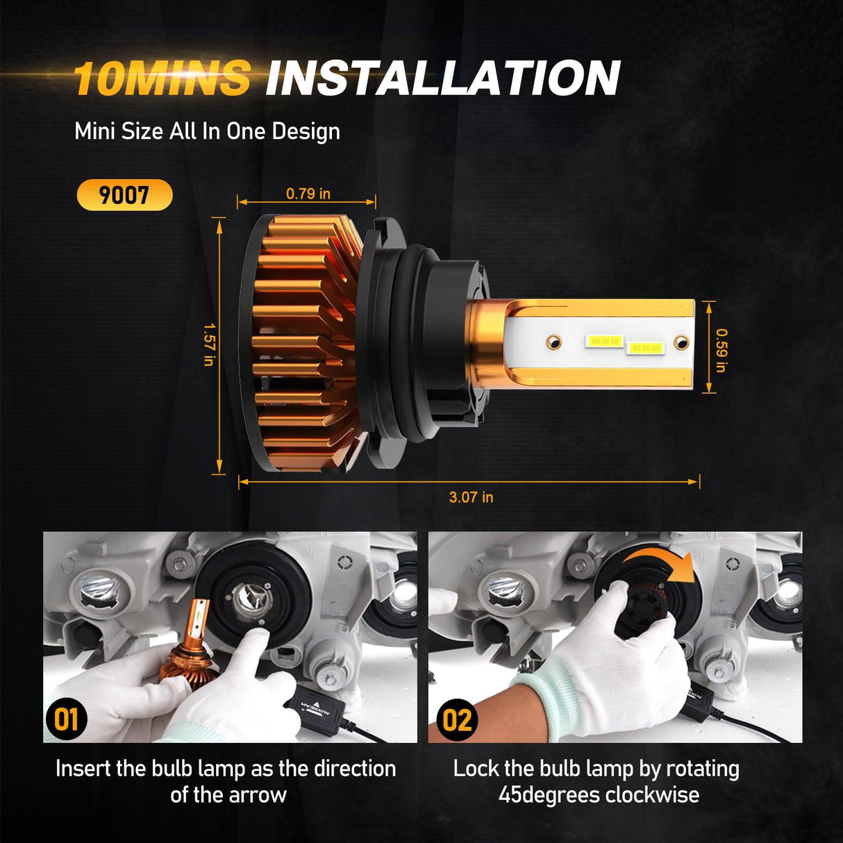 9007 LED Headlight Bulbs 52W 10000LM F2 Series Mini Size 6500K Cool White | 2 Bulbs