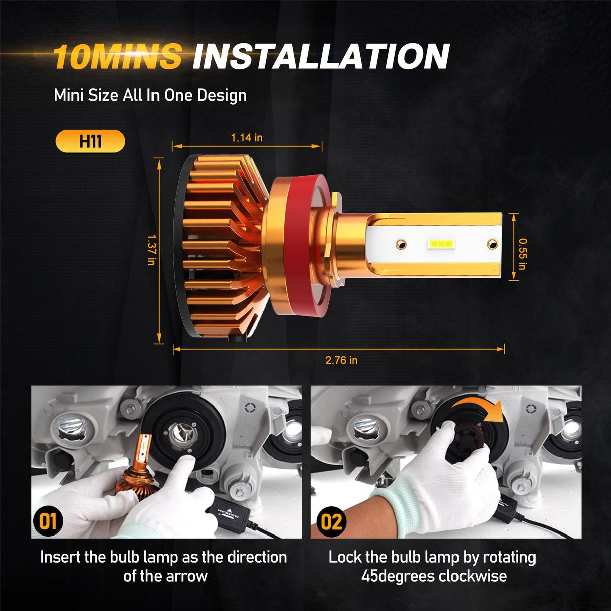 H11 LED Headlight Bulbs 52W 10000LM F2 Series Mini Size 6500K Cool White | 2 Bulbs