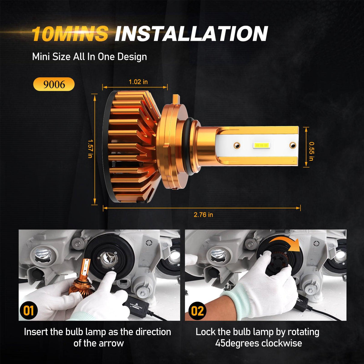 9006 LED Headlight Bulbs 52W 10000LM F2 Series Mini Size 6500K Cool White | 2 Bulbs