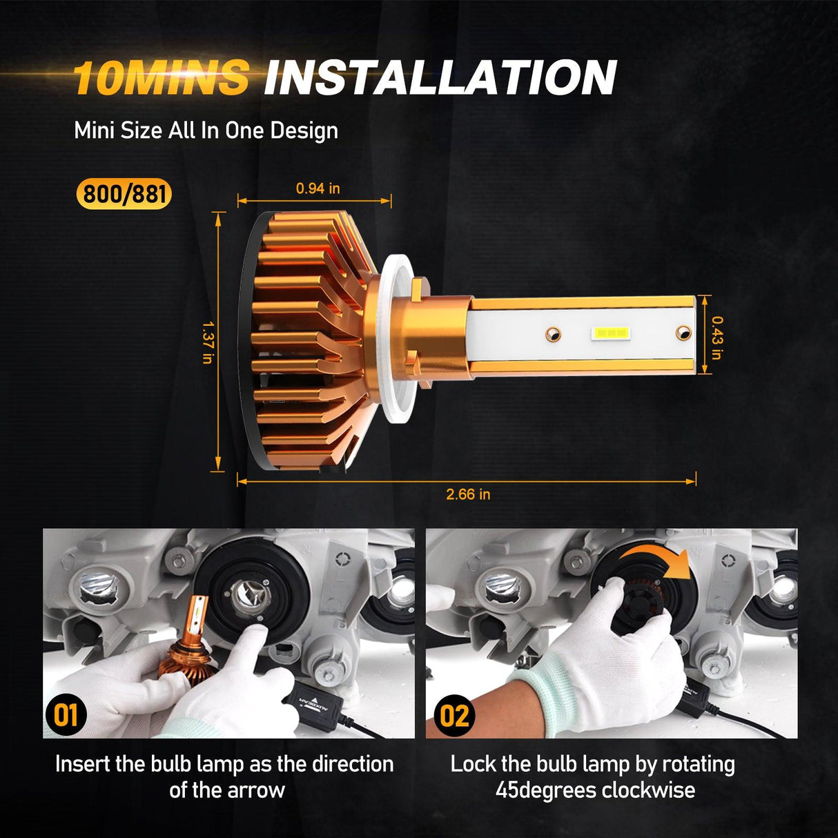 880/881 LED Headlight Bulbs 52W 10000LM F2 Series Mini Size 6500K Cool White | 2 Bulbs