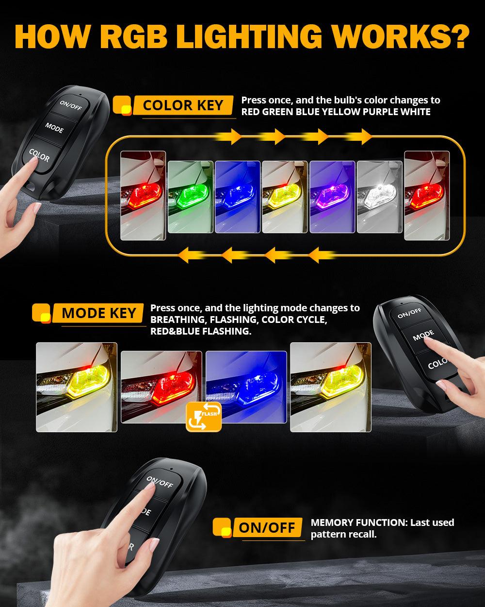 🆕H11/H9/H8 RGB LED Headlight Bulbs/DRL/Fog Light R7 Series 70W 25000LM 6500K Cool White + RGB Remote Control | 2 Bulbs