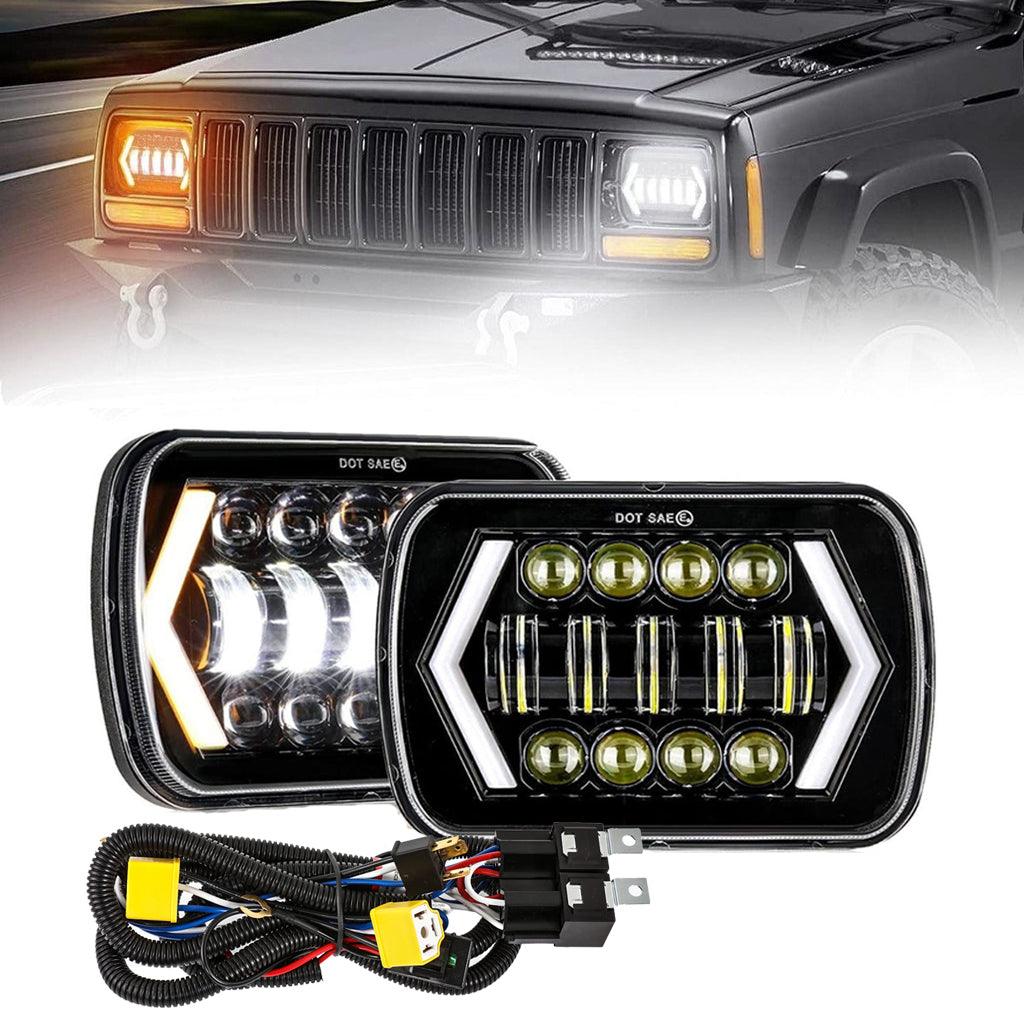 7x6 Inch LED Projector Headlights with Hi-Lo Beam & Halo Ring DRL + H4 LED Headlight Brightness Intensifier Wiring Harness