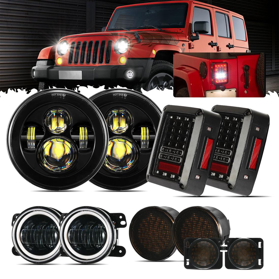 7'' LED Headlight Replacement + 4'' LED Fog Light + LED Smoke Tail Light + Front Turn Signal & Fender Flares Side Marker Light for Jeep Wrangler JK