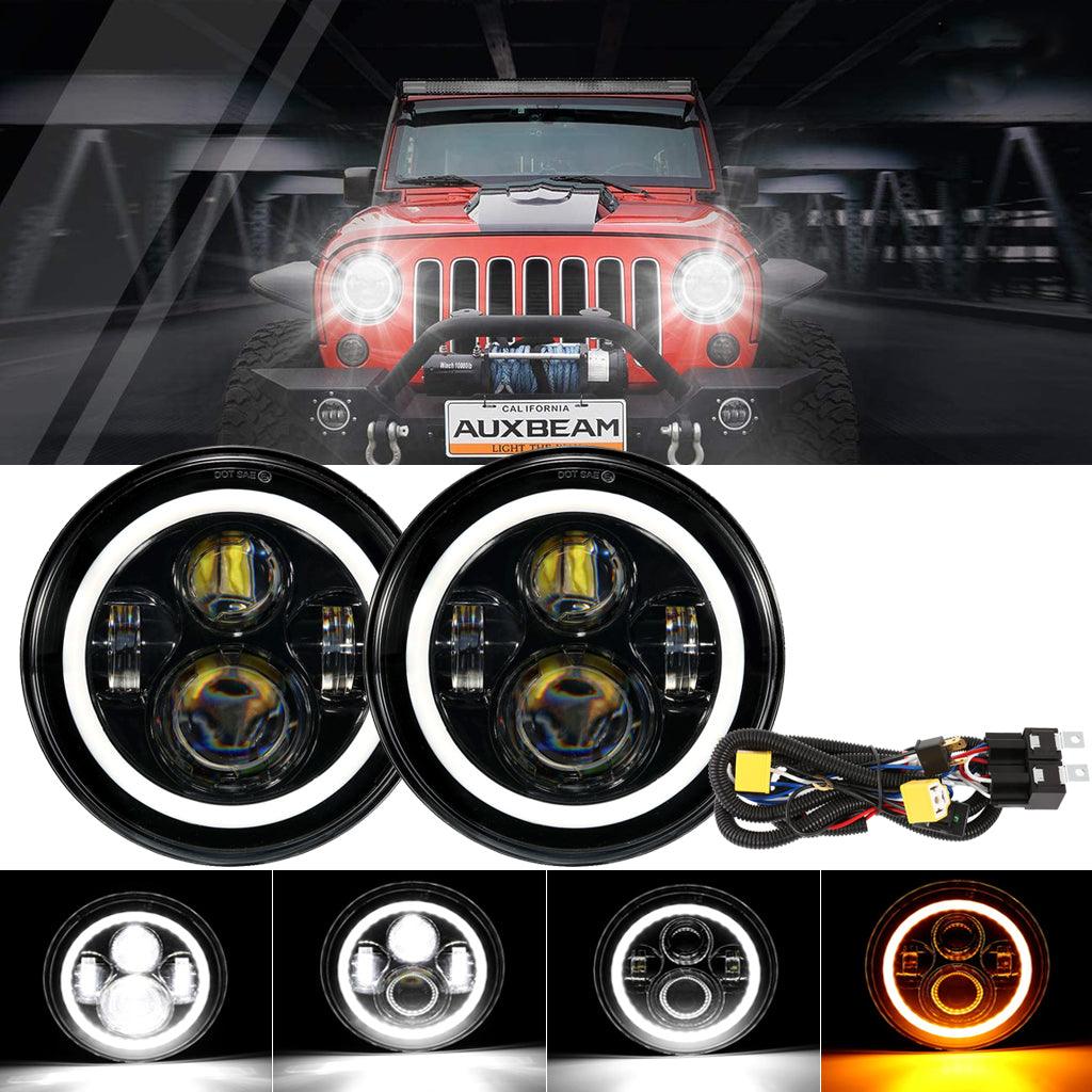 7 Inch LED Headlight Replacement with Halo Ring+ H4 LED Headlight Brightness Intensifier Wiring Harness for Jeep Wrangler JK TJ LJ