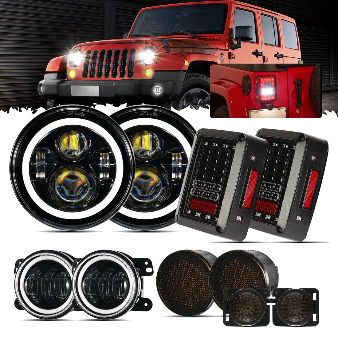 7'' LED Headlight Replacement with Halo Ring + 4'' LED Fog Light + LED Smoke Tail Light + Front Turn Signal & Fender Flares Side Marker Light for Jeep Wrangler JK