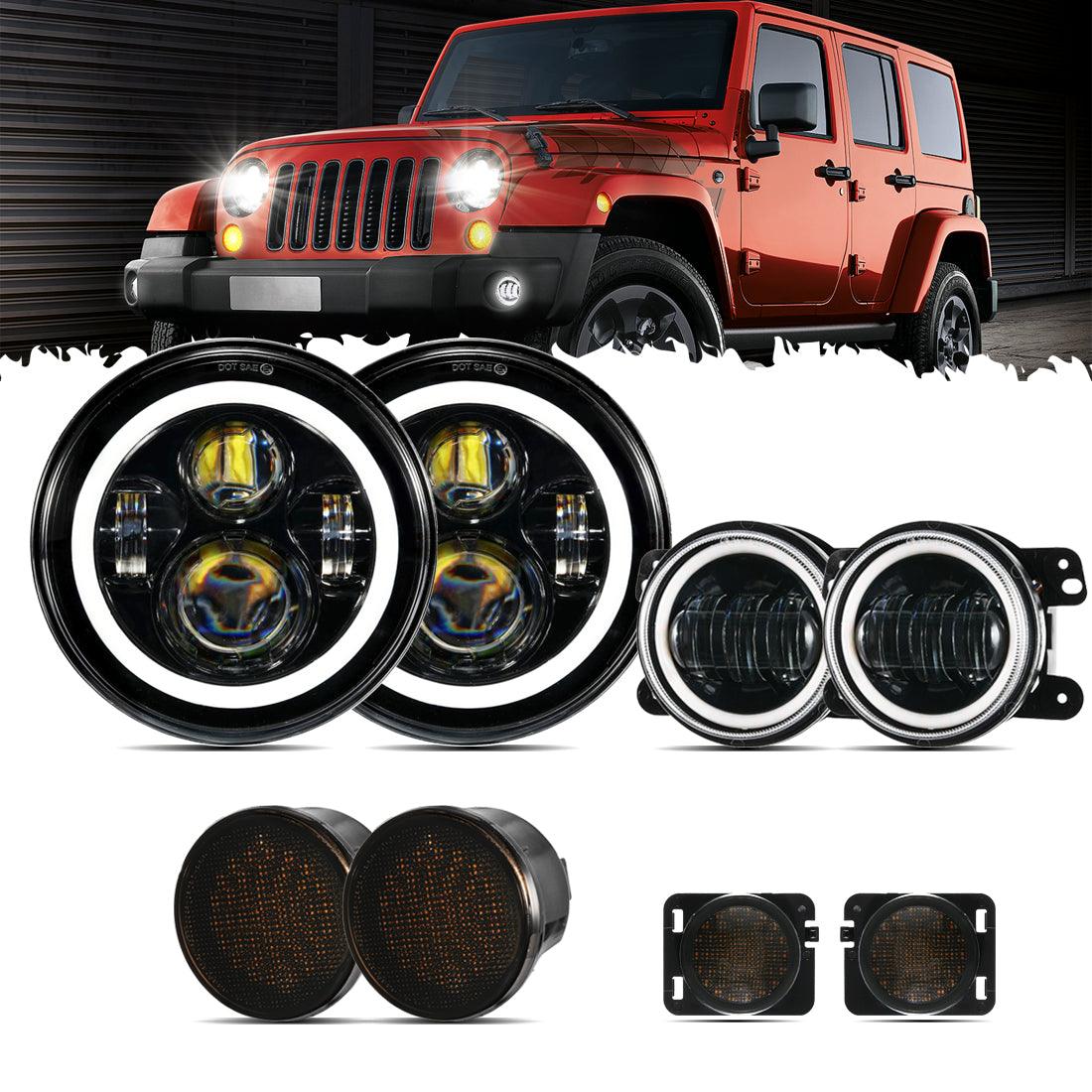 7" LED Headlight Replacement with Halo Ring + 4" LED Fog Light + Front Turn Signal & Fender Flares Side Marker Light for Jeep Wrangler JK