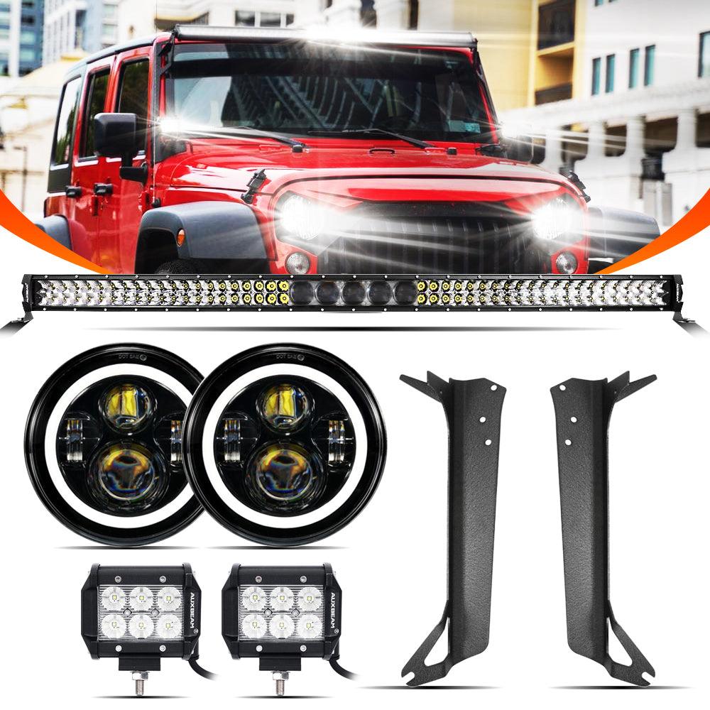 7" LED Halo Headlights + 5D-PRO 52" Straight LED Light Bar + Windshield Mounting Brackets + 18W Flood Beam Pod Lights Set for Jeep Wrangler TJ