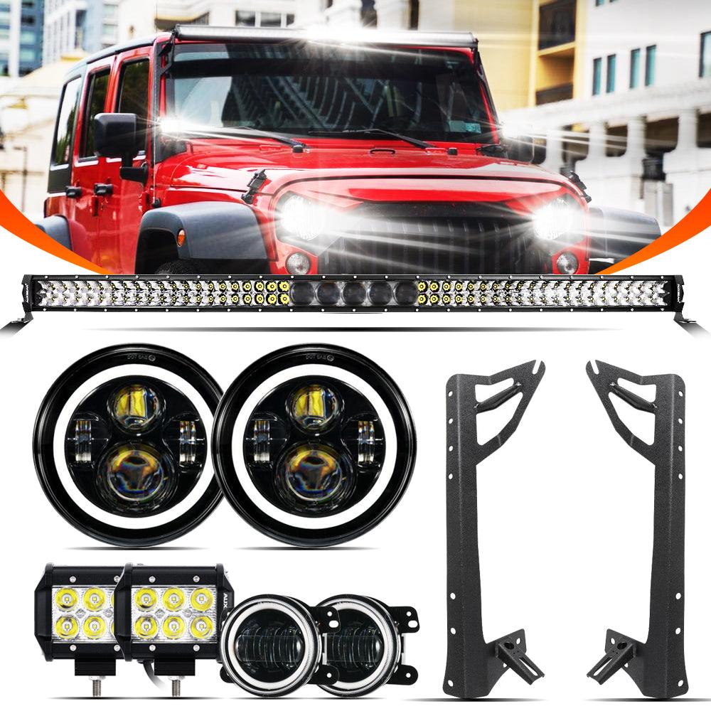 7" LED Halo Headlights + 4" Inch LED Fog Lights with DRL + 5D-PRO 52" Straight LED Light Bar + Windshield Mounting Brackets + 18W Spot Beam Pod Lights Set for for Jeep Wrangler JK