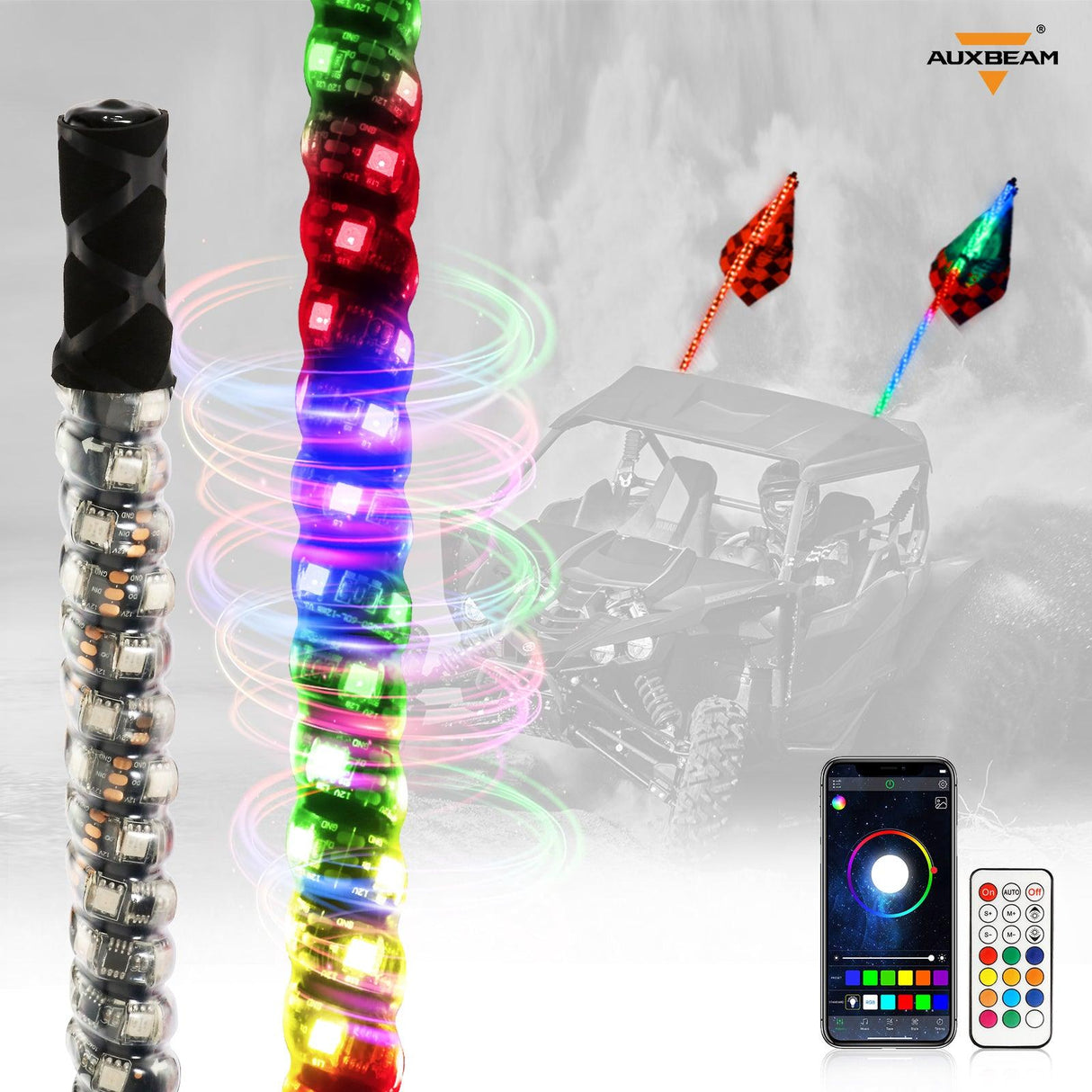 (2pcs/set) 3FT/4FT LED RGB Whip Lights with Turn Signal & Brake Light, Bluetooth APP/ Remote Control