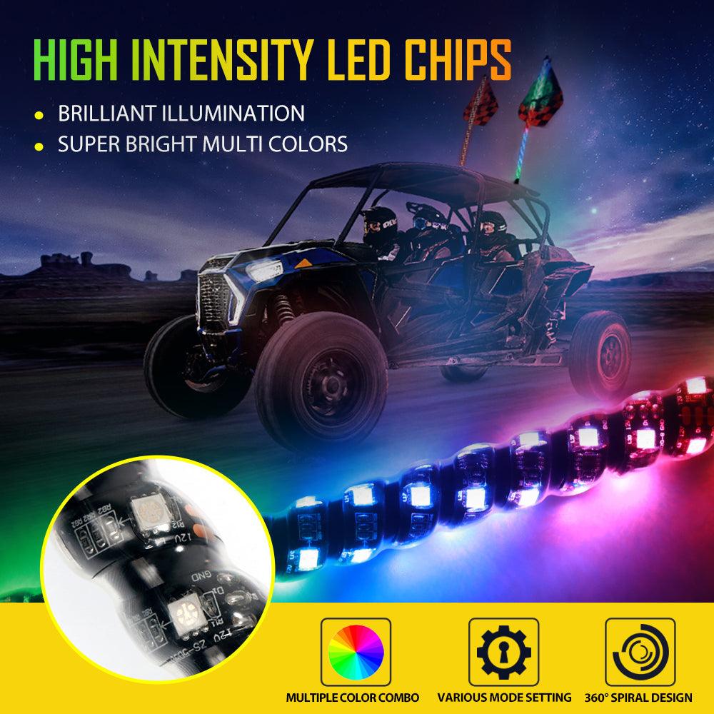 3FT/4FT LED RGB Whip Lights with Bluetooth/ Remote Controlled & Red Universal Flagpole Light Mount for all UTVs with 1.75" to 2" Roll Cage