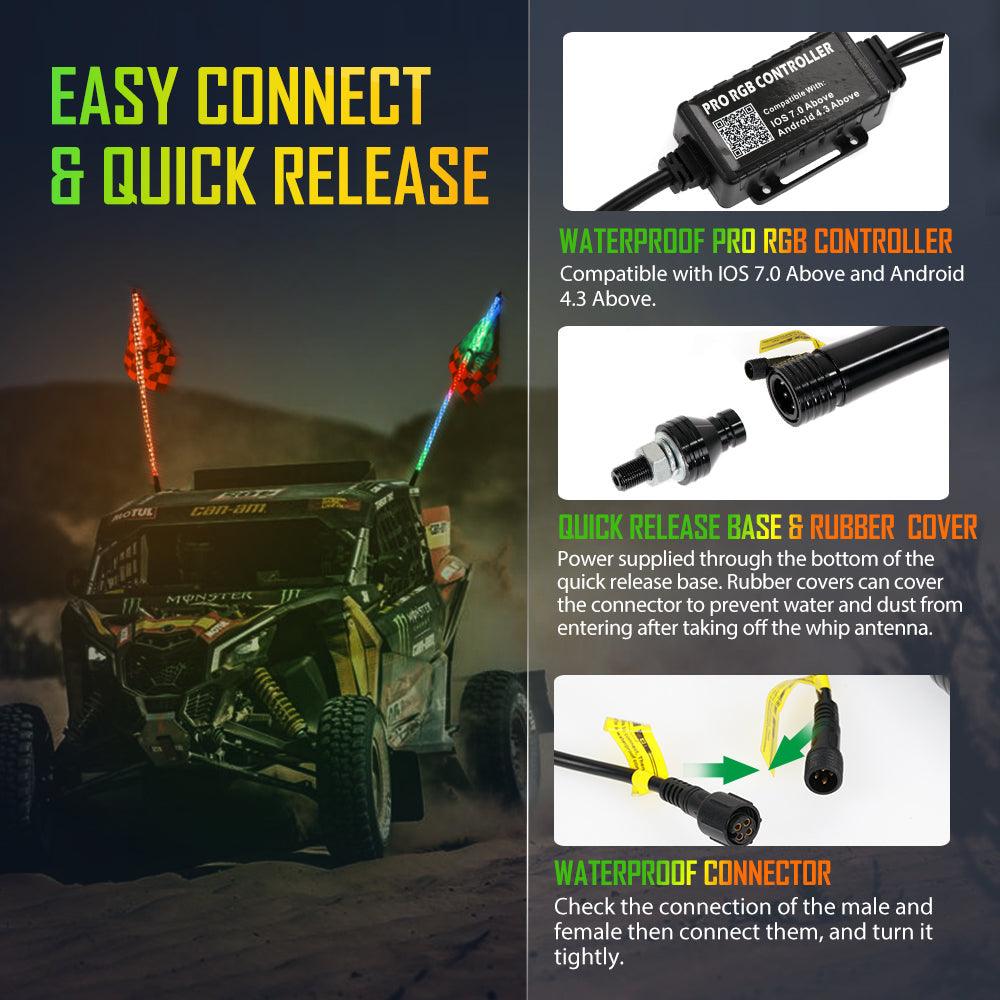 3FT/4FT LED RGB Whip Lights with Bluetooth/ Remote Controlled & Black Universal Flagpole Light Mount for all UTVs with 1.75" to 2" Roll Cage