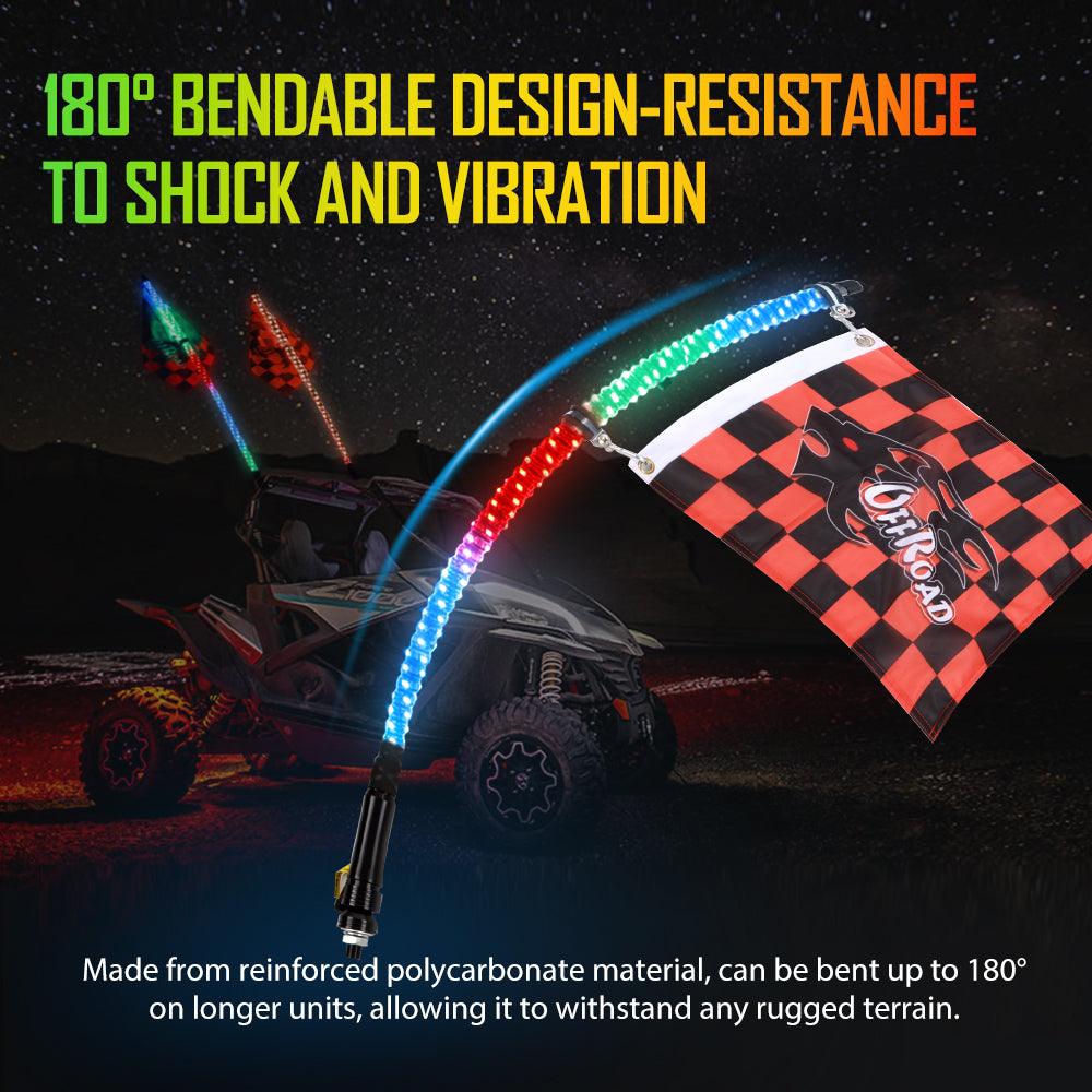 3FT/4FT LED RGB Whip Lights with Bluetooth/ Remote Controlled & Red Universal Flagpole Light Mount for all UTVs with 1.75" to 2" Roll Cage