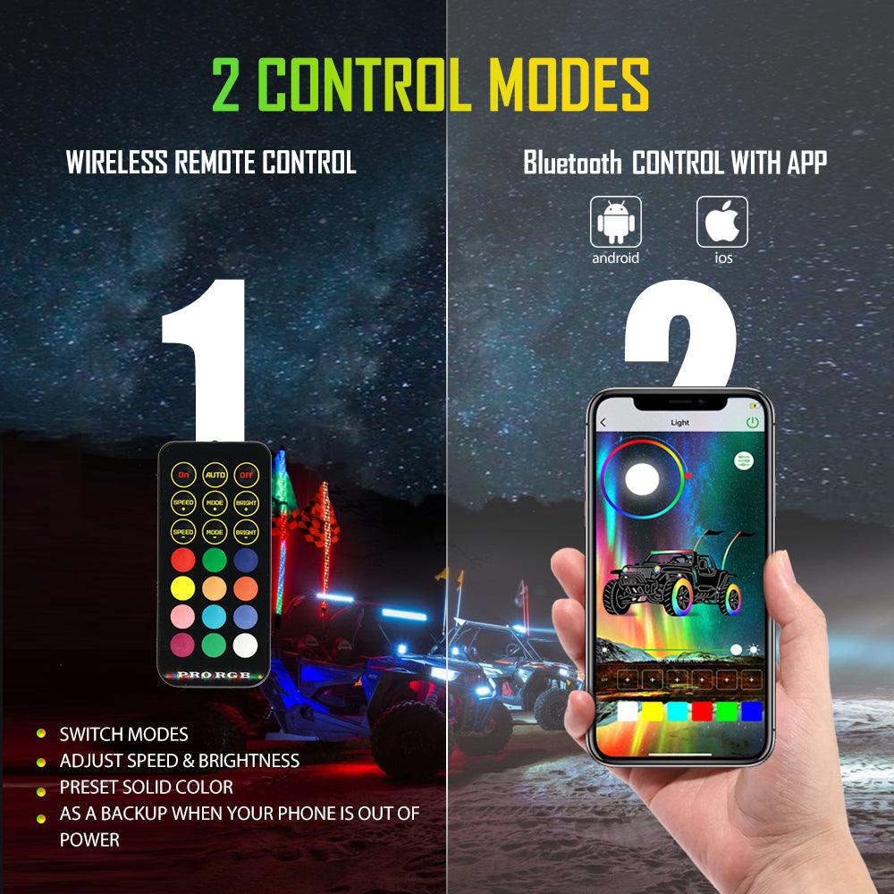 3FT/4FT LED RGB Whip Lights with Bluetooth/ Remote Controlled & Red Universal Flagpole Light Mount for all UTVs with 1.75" to 2" Roll Cage