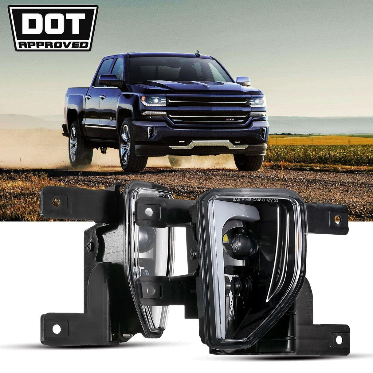 (2pcs/set) 45W DOT Approved LED Fog Lights with DRL for 2016-2018 Chevy Silverado 1500 (Black/Chrome)