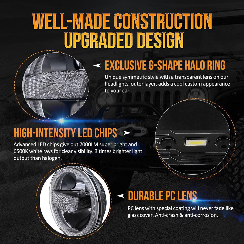 (2pcs/set) 7 Inch 90W DOT Approved LED Headlights with Halo Ring DRL & High Low Beam for Jeep Wrangler JK TJ LJ CJ