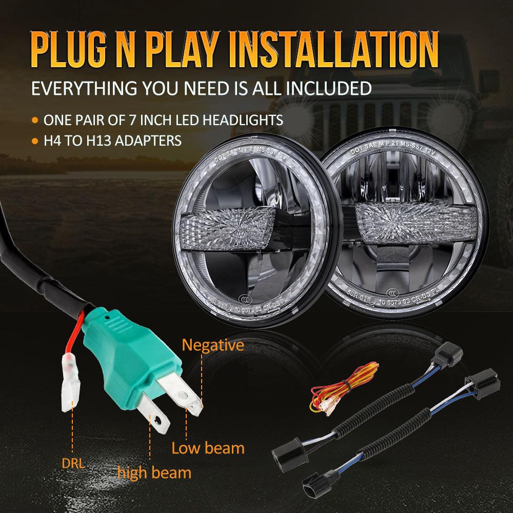 (2pcs/set) 7 Inch 90W DOT Approved LED Headlights with Halo Ring DRL & High Low Beam for Jeep Wrangler JK TJ LJ CJ