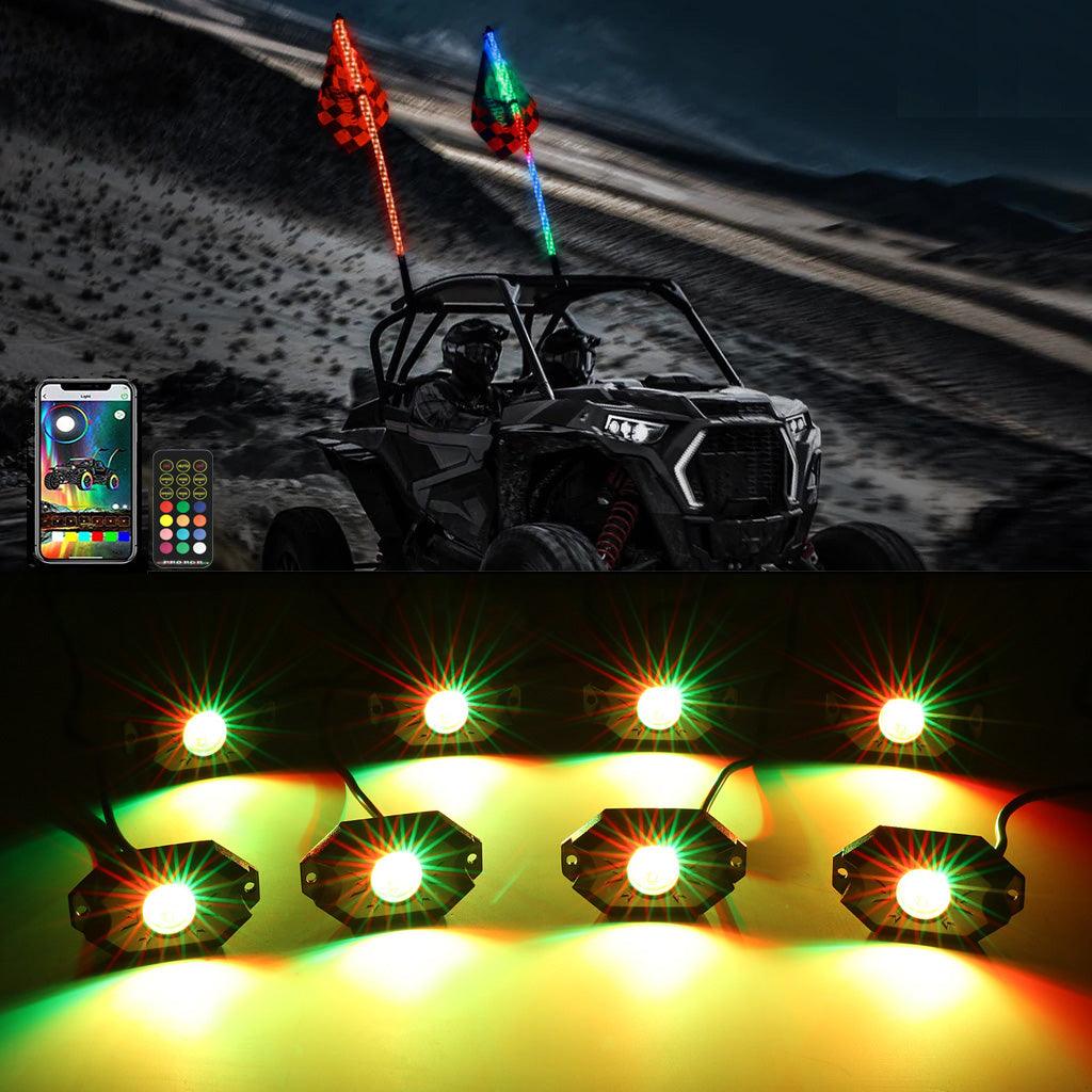 2Pcs 4FT RGB LED Whip Lights with Turn Signal & Brake Light + RGB LED Rock Lights Set with Bluetooth Controlled