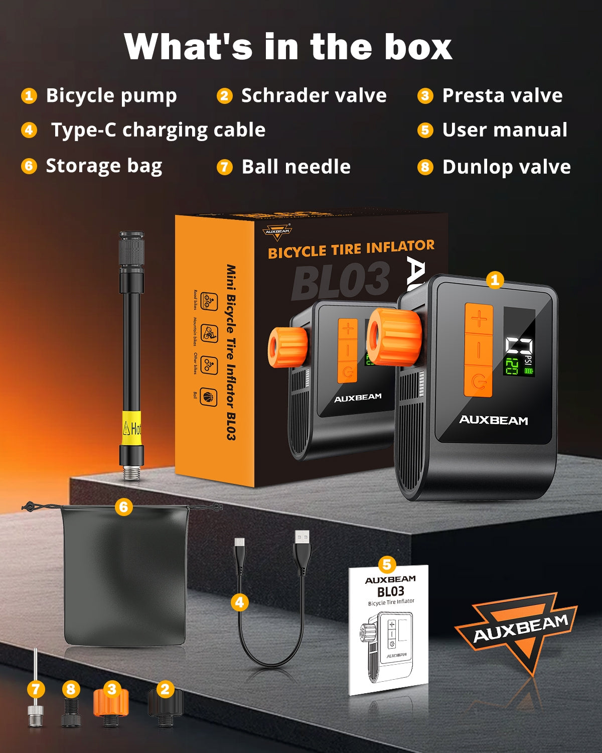 ๐BL03 Compact 120PSI Electric Bicycle Tire Pump with Presta and Schrader Valve for Road Bike, City, Mountain, and E-Bike