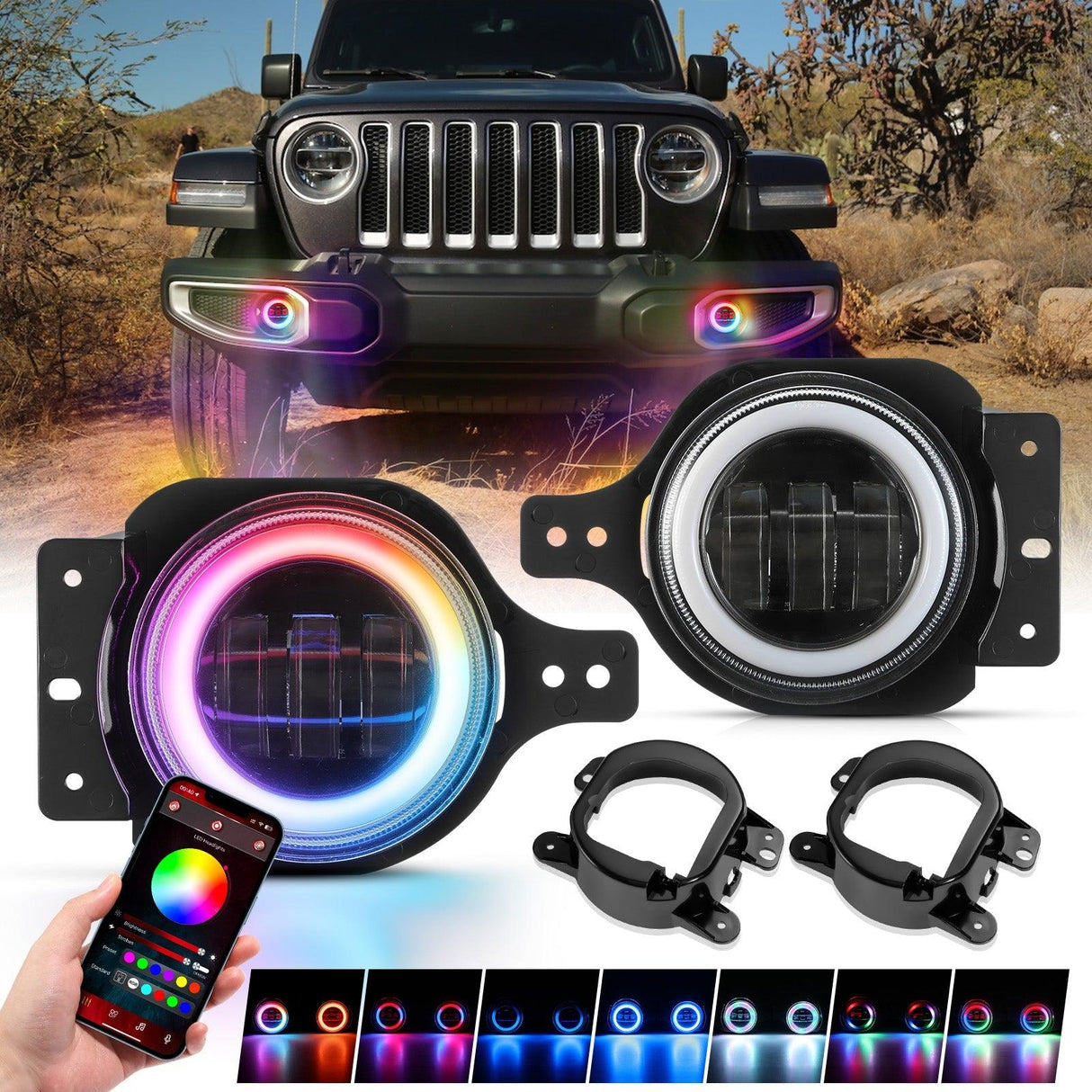 Upgraded 4 Inch LED Fog Lights with RGB Halo Ring & Turn Signal Light, Bluetooth Control for Jeep Wrangler JK/JL 2018-2024
