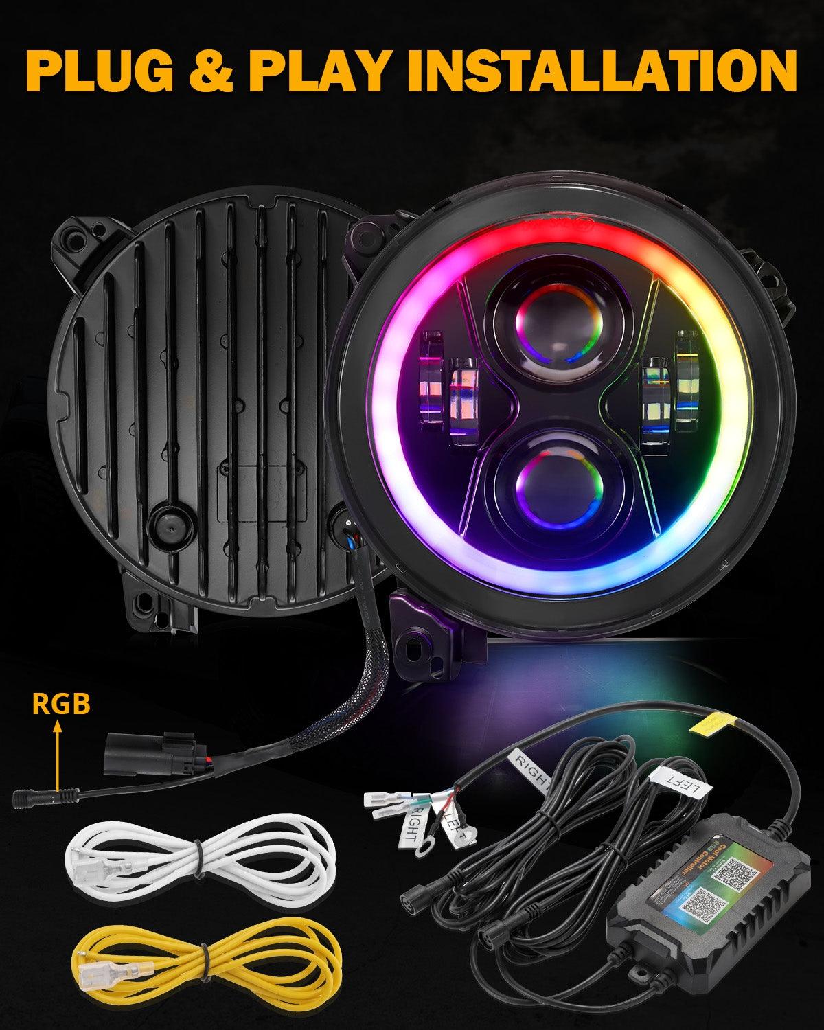 Upgraded 9 Inch Round LED Headlight with RGB Halo Ring for Jeep Wrangler JL