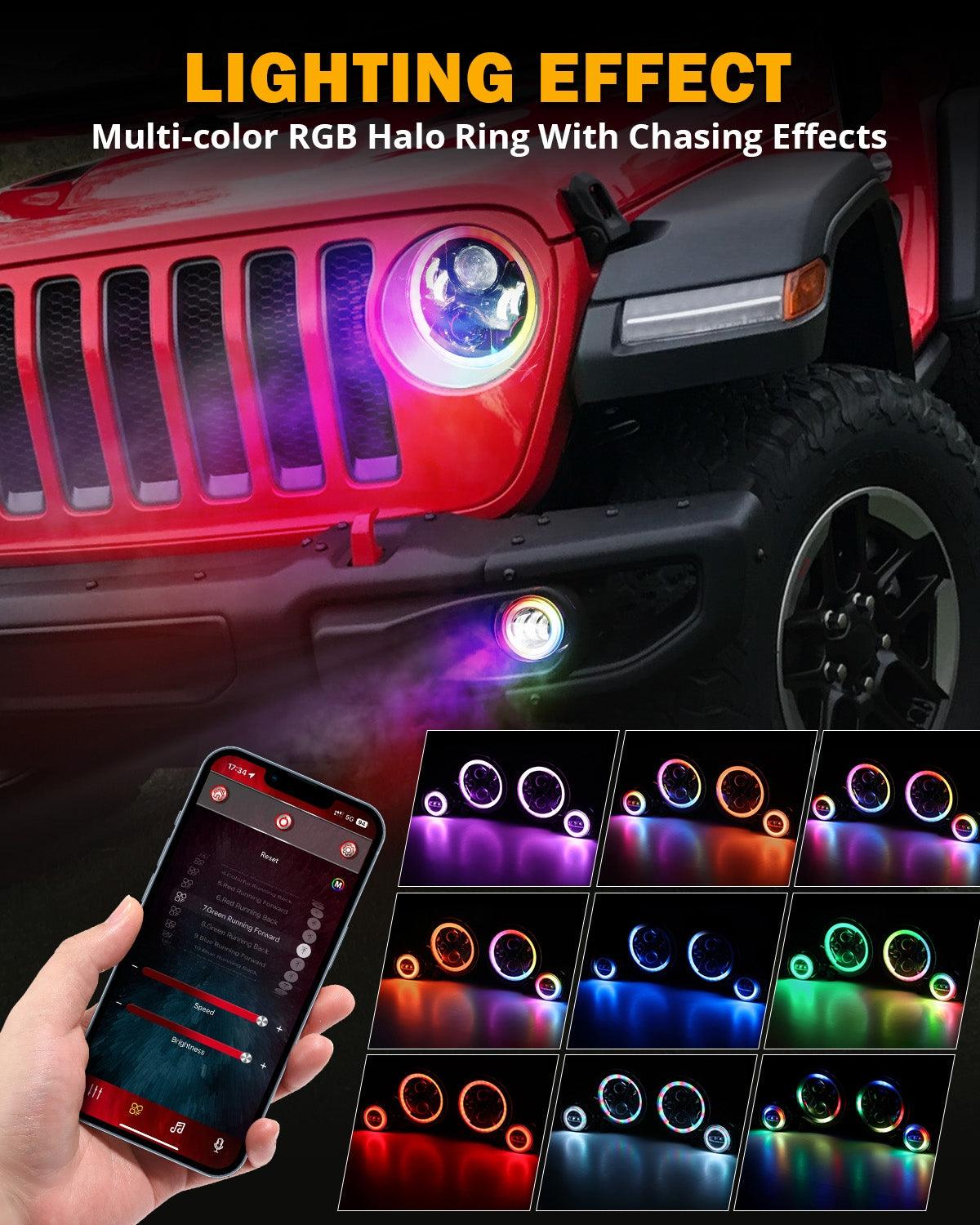 Upgraded RGB 9 Inch Headlights + 4 Inch Fog Lights Combo for Jeep Wrangler JL with APP Control