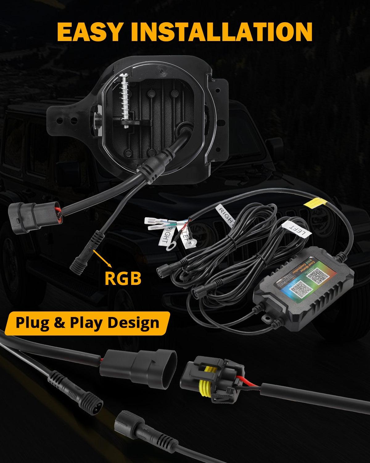 Upgraded 4 Inch LED Fog Lights with RGB Halo Ring & Turn Signal Light, Bluetooth Control for Jeep Wrangler JK/JL 2018-2024