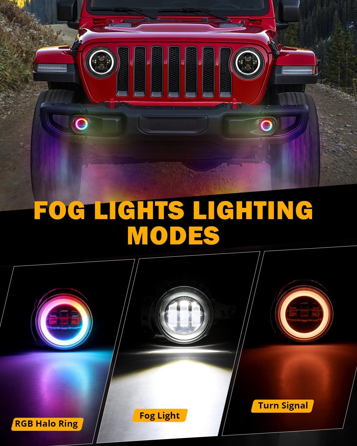 Upgraded RGB 9 Inch Headlights + 4 Inch Fog Lights Combo for Jeep Wrangler JL with APP Control