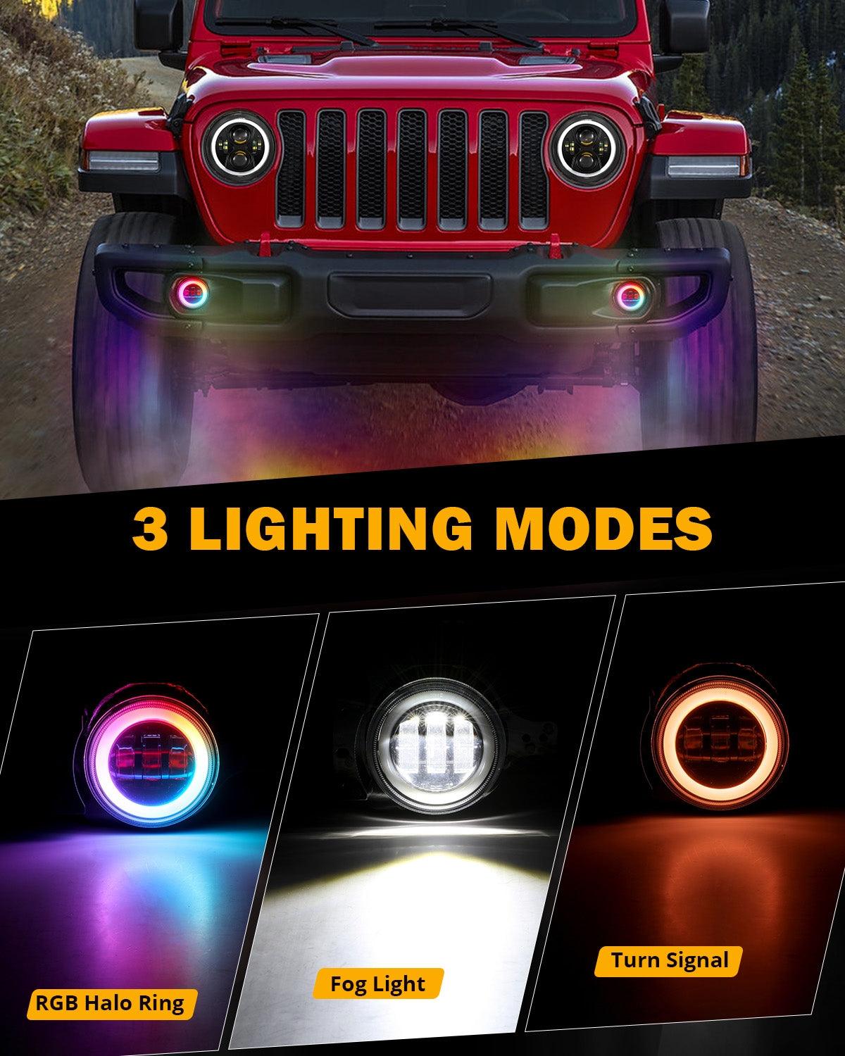 Upgraded 4 Inch LED Fog Lights with RGB Halo Ring & Turn Signal Light, Bluetooth Control for Jeep Wrangler JK/JL 2018-2024
