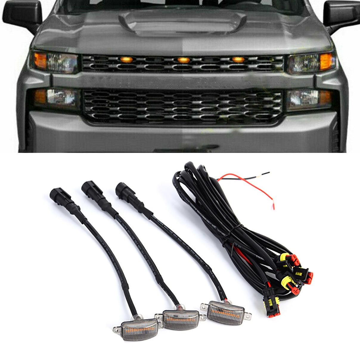 (3pcs/set) LED Front Grille Lights Raptor Style Amber Light Fit for Chevrolet Silverado 1500 2016-2021 (Amber shell/ Smoked shell)