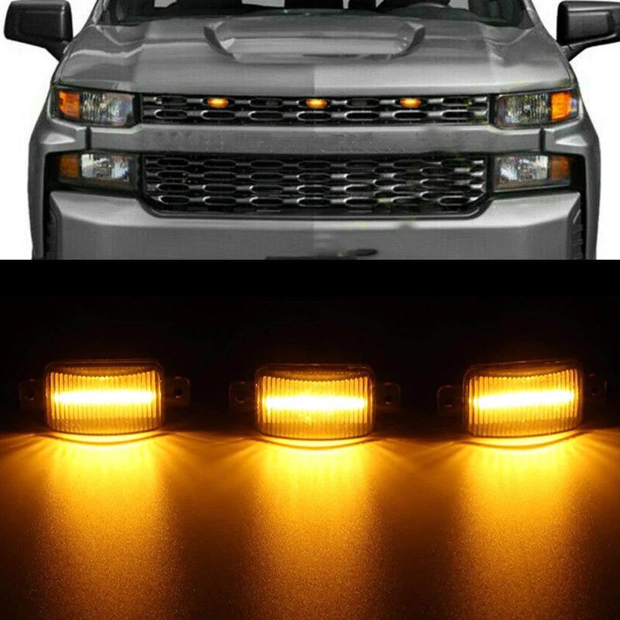 (3pcs/set) LED Front Grille Lights Raptor Style Amber Light Fit for Chevrolet Silverado 1500 2016-2021 (Amber shell/ Smoked shell)