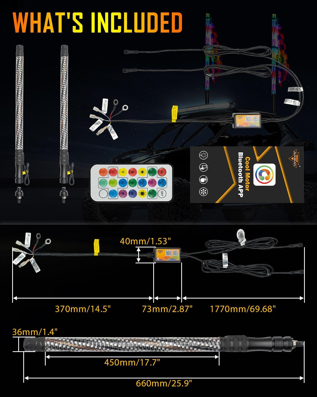 New LED RGB Whip Lights with Turn Signal & Brake Light, Bluetooth APP/ Remote Control