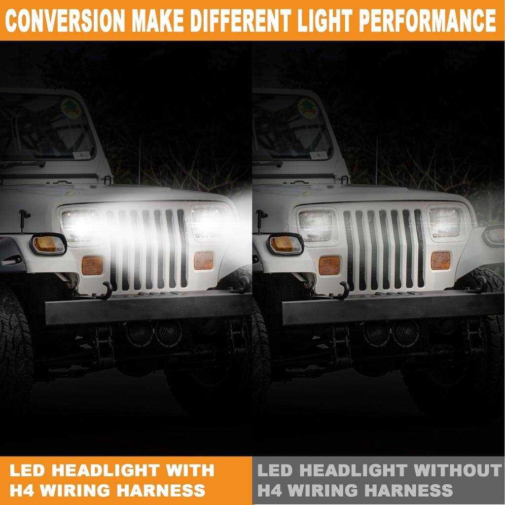 7x6 Inch LED Projector Headlights with Hi-Lo Beam & Halo Ring DRL + H4 LED Headlight Brightness Intensifier Wiring Harness
