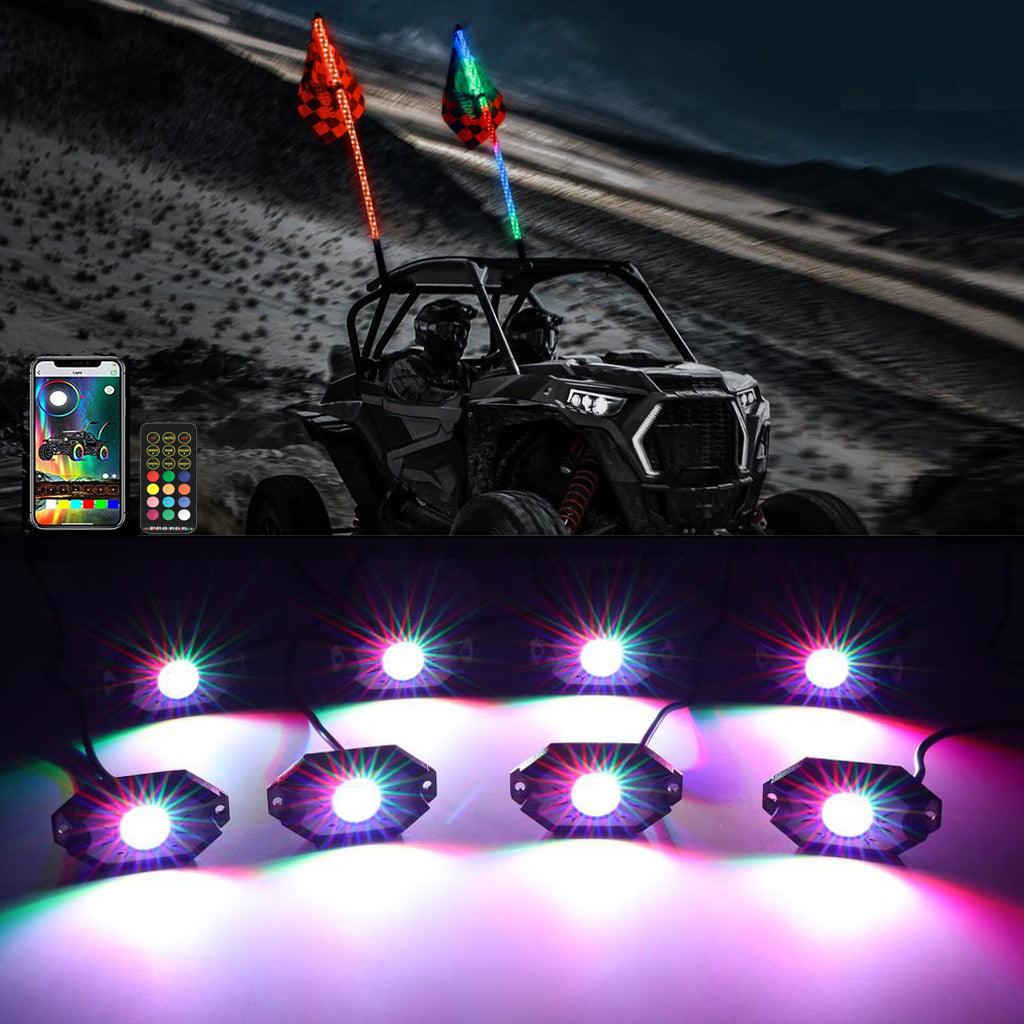 2Pcs 3FT RGB LED Whip Lights with Turn Signal & Brake Light + RGB LED Rock Lights Set with Bluetooth Controlled
