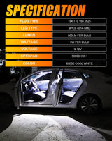168 2825 W5W T10 LED Interior Light Bulbs 1.5W 300% Brighter 6500K White | 10 Bulbs